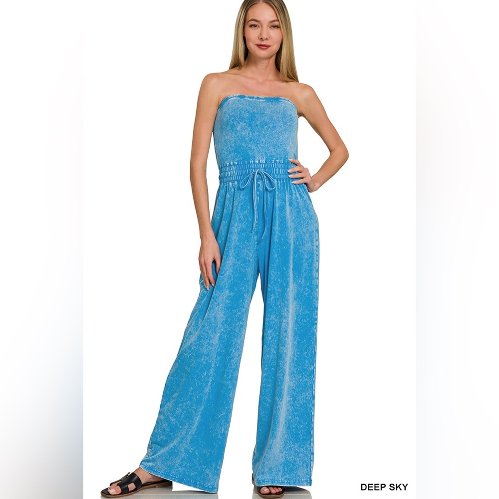 Zenana Outfitters Deep Sky Blue Strapless Wide-Leg Jumpsuit